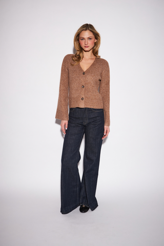 JOHN & JENN Margot Sweater in Camel featuring a warm brown knit, V-neckline, button front, and long sleeves.