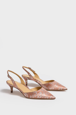 Marion Parke Classic Slingback 45 Heel in Blush Leopard with pointed toe, silk jacquard upper, adjustable strap, and low heel silhouette
