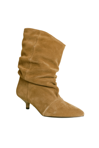 Bibi Lou Drape Bootie in Cuero featuring a warm tan finish, slouchy draped shaft, pointed toe, and slim kitten heel.