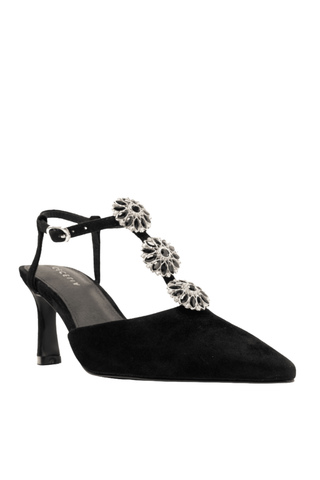 Cecelia New York Niche Heel in Black with velvet pointed toe, jeweled T-strap, adjustable ankle strap, and block heel.