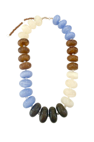 Gemelli Carissa Chunky Beaded Necklace in Light Blue/Brown featuring oversized marbled beads in light blue, brown, cream, and olive tones.