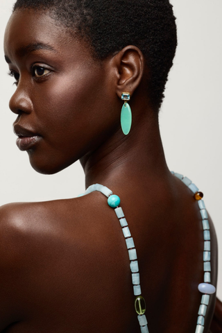 Lizzie Fortunato Valery Drop Earrings in Multi with sky blue faceted glass tops and green Murano glass drops.