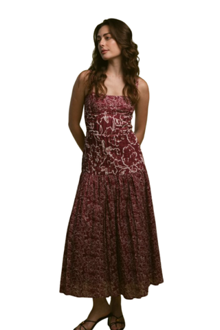 Red floral midi dress with a fitted bodice and flowing skirt.