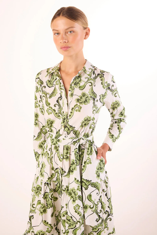 Misa Alberta Dress in green garden paisley with long sleeves, collared neckline, tie waist, and tiered midi skirt