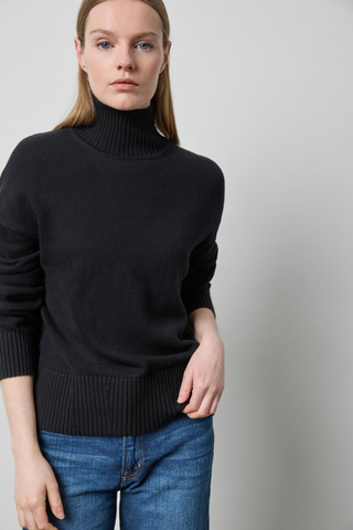 Lilla P Relaxed Mock Turtleneck Sweater in Black featuring a soft cotton-cashmere knit, long sleeves, and comfortable mock neckline.