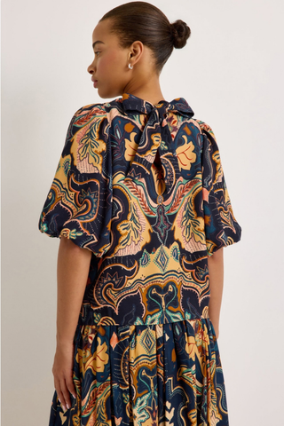 Marie Oliver Wren Top in Saddle featuring a bold Western-inspired print, gathered neckline, and short puff sleeves.
