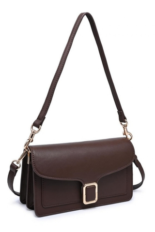 Urban Expressions Coco Crossbody in Espresso featuring a structured vegan leather silhouette, flap front, buckle detail, and detachable strap.