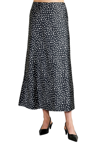 Thomas & Lourdes Rhodes Skirt in Eclipse featuring an allover dotted print, flowing silhouette, and midi length.