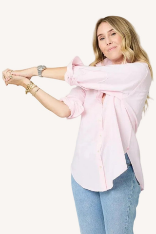 Kerri Rosenthal Mia lightweight oxford shirt in soft pink with button front and relaxed fit styled with jeans