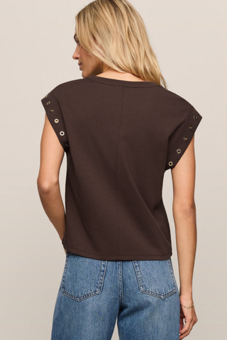 Z Supply Camino Grommet Top in Dark Chocolate featuring gold grommet detailing and a relaxed muscle tee silhouette.