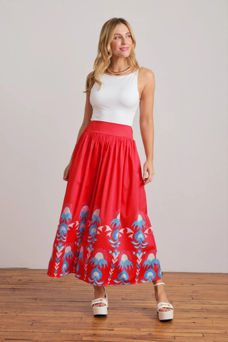 Sheridan French Lillian Skirt in Red Thistle featuring vibrant red print, maxi silhouette, smocked waistband, and colorful border detailing