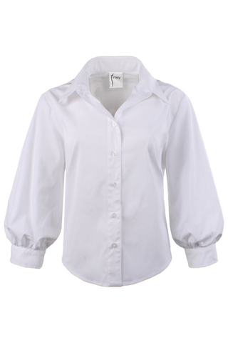 Finley Cora Shirt in White featuring silky poplin fabric, a classic collared neckline, button-front closure, three-quarter-length blouson sleeves, and a flattering semi-fitted silhouette with a high-low hem.