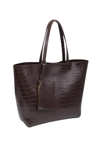 Urban Expressions Elisah Tote in Espresso featuring crocodile-embossed vegan leather, long shoulder straps, and a structured spacious silhouette.