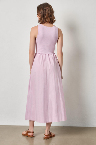 Lavender mixed media midi dress with square neckline, fitted knit bodice, and full cotton skirt by Lilla P