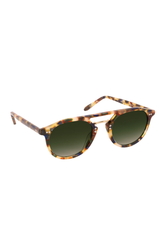 Krewe Markle Sunglasses in Tuscan Tortoise featuring a rounded tortoise acetate frame, gold-tone metal bridge, and dark green gradient lenses.