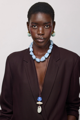 Lizzie Fortunato Sea and Sky Collar in Blue featuring chunky blue opal stones, Peruvian amazonite accents and gold-plated brass hardware.
