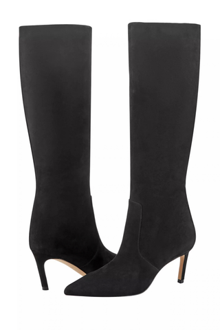Marc Fisher Callena Boot in black featuring a knee-high leather silhouette, pointed toe, inside zip, and slim stiletto heel.