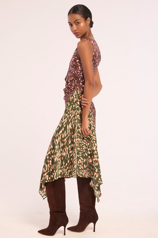 Misa Rohan Dress in Firefly Mix featuring contrasting brown and green printed satin with a sleeveless silhouette and asymmetrical midi hem.