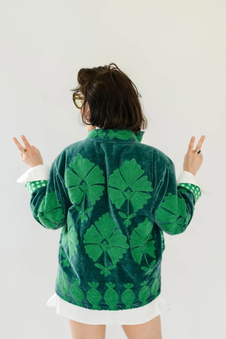 Eleanor James Brand Sgt. Pepper Crew Jacket in Green Onions featuring rich blue velvet with tonal hand-finished Suzani embroidery.