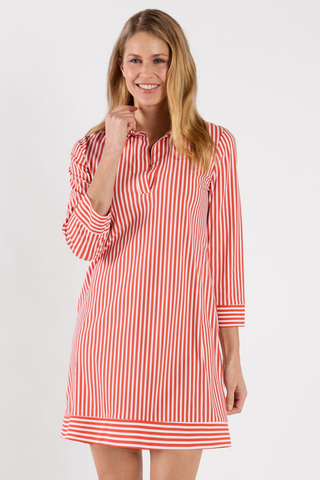 Jude Connally Finley dress in coral and white stripe with collar and three quarter sleeves