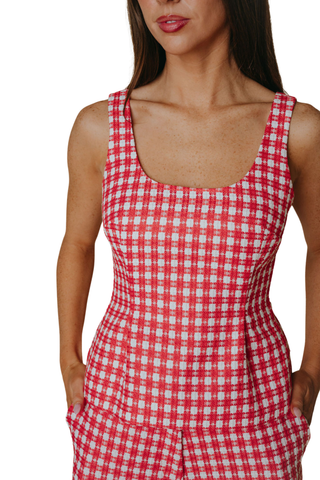 Model wearing the Laroque Kayla Top in Cape Cod Check featuring a red and white textured check pattern and square neckline