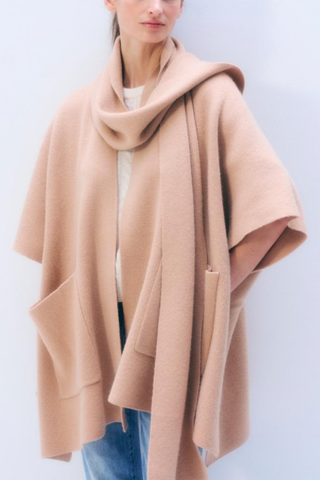 White + Warren Cashmere Blend Poncho in Hazelnut featuring a soft neutral knit, relaxed silhouette, and draped scarf-style neckline.