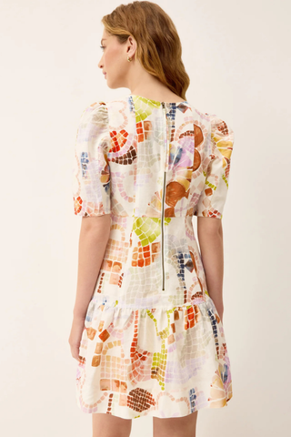 Marie Oliver Temma Dress in Travertine with square neckline, tailored bodice, and watercolor mosaic print in a linen cotton blend mini silhouette