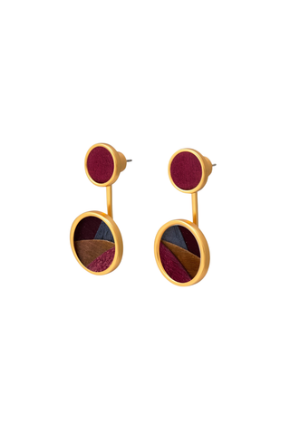 Brackish Alicia Bezel Jacket Earrings featuring deep burgundy accents framed in gold-tone detailing and a dimensional drop silhouette.