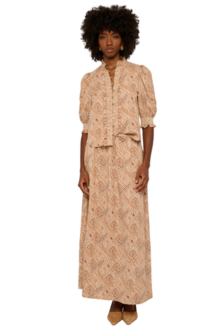 Love the Label Zinny Top in Wuthering Winds Print featuring an intricate neutral print, split neckline, and short puff sleeves.