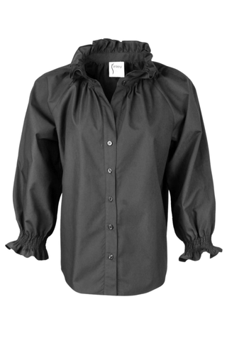 Finley Fiona Shirt in Black featuring a high ruffled neckline, button-front closure, three-quarter-length blouson sleeves with smocked cuffs, and relaxed poplin silhouette.
