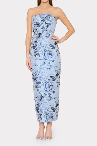 Milly Ella Dress blue navy strapless floral jacquard maxi column dress with back slit