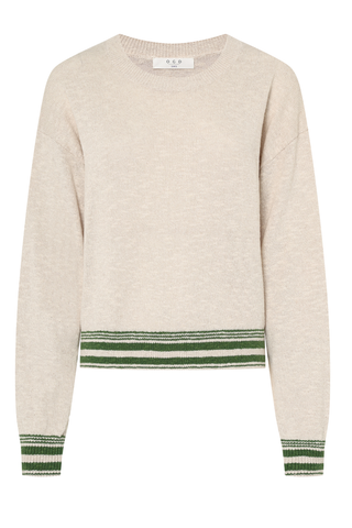 Cream crewneck sweater with green striped hem and cuffs, lightweight knit by One Grey Day