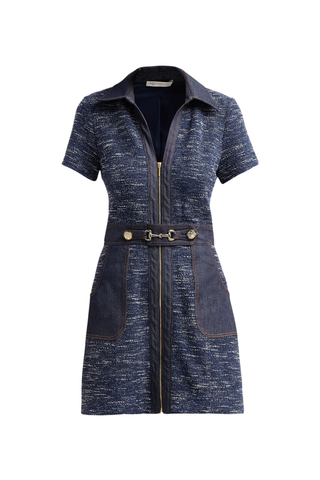 Ramy Brook Darla Dress in Navy Tweed featuring a fitted mini silhouette, denim trim, short sleeves, front zipper, belt detail, and patch pockets.