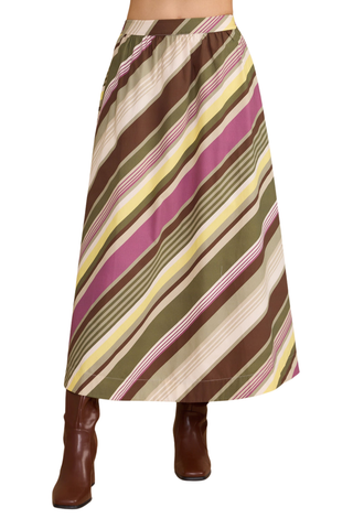 Flowing midi skirt with diagonal stripes in olive, pink, ivory, and brown.