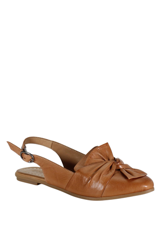 Diba True People Talk Flat in Coconut leather featuring a slingback strap, almond toe, bow detail, and low flat heel.