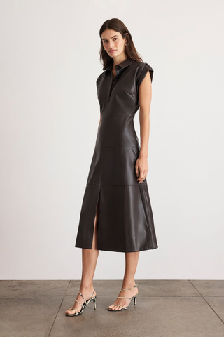 Tanya Taylor Shivi Dress in Dark Fig featuring a dark coated midi silhouette with a collared neckline, cuffed sleeves, and tiered skirt.