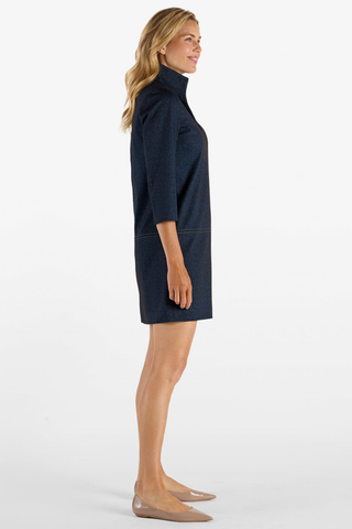 Jude Connally Callie Dress in Navy featuring a point collar, 3/4-length sleeves, saddle contrast stitching, and mini silhouette.