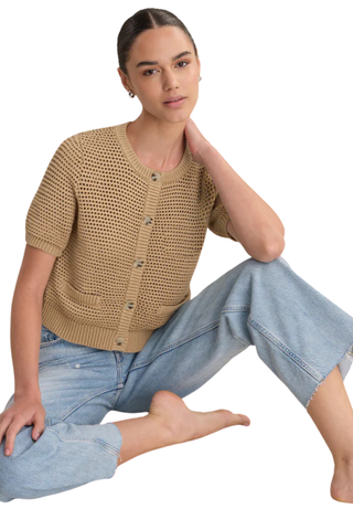 525 Marie Cardigan Chanterelle open knit short sleeve button front cropped cotton cardigan styled with denim