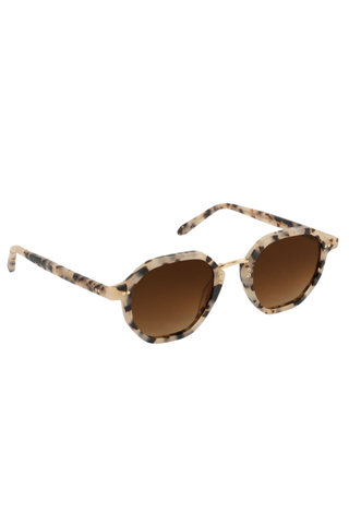 Krewe Dakota Sunglasses in Matte Oyster featuring an octagonal acetate frame, gold-tone bridge, and brown gradient lenses.