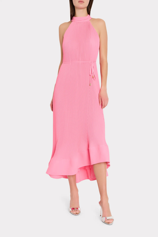 Milly pink pleated halter midi dress with waist tie and high low hemline