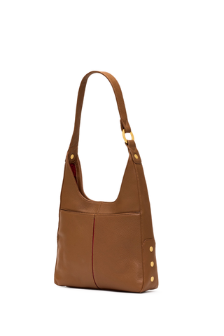Hammitt Tim Med Handbag in Mahogany Pebble featuring warm brown pebbled leather, brushed gold hardware, and a relaxed hobo silhouette.
