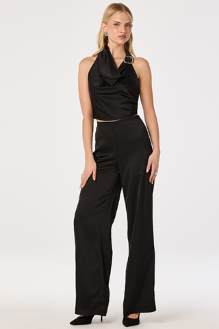 ASTR Ivana Pants in Black featuring a high-rise waist, full-length wide-leg silhouette, and fluid tailored fit.