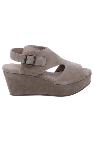 Chocolat Blu Werner Wedge in Taupe Suede featuring an open-toe suede upper, adjustable ankle strap, side cutout, and platform wedge heel.