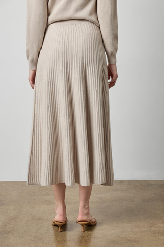 Lilla P Knit Flared Skirt in Dove featuring a soft neutral cotton-cashmere knit, comfortable waistband, and flowing flared silhouette.