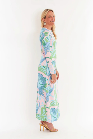 C.K. Bradley Ashton dress in nouveau pastel with long sleeves and printed design