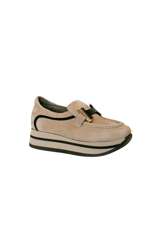 Suede wedge sneaker in Sahara and black with a hidden wedge heel.