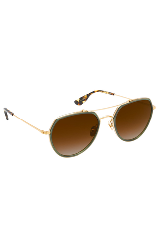 Krewe Baker Sunglasses in Bottle Green and Zulu featuring an oversized aviator frame, gold-tone hardware, and amber gradient lenses.