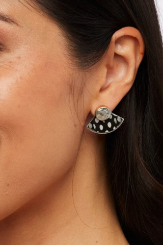 Brackish Hiott Stud Earrings in Silver featuring handcrafted black and white spotted guinea feathers in a fan silhouette with sterling silver-plated stud hardware.