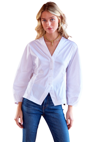 Finley Mia Barrel Sleeve Top in White featuring a V-neck button front, fitted waist, peplum silhouette, and long gathered barrel sleeves.