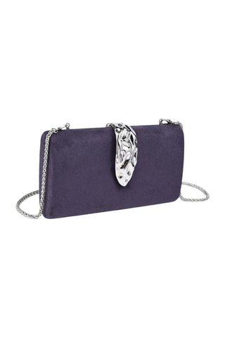 Urban Expressions Babe Clutch in Grape featuring soft purple faux suede, a sculptural metallic clasp, and removable chain strap.